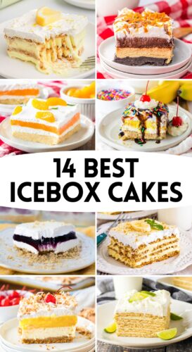 A collage of eight icebox cakes, with various flavors, layers, and toppings, including pudding, fresh fruit, and whipped topping. Labeled, "14 Best Icebox Cakes."