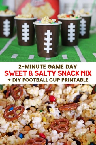 A no-bake sweet & salty snack mix made with popcorn, pretzels, raisins, chocolate, and peanuts.&nbsp;Served in DIY football cups, this easy snack mix is perfect for game day.