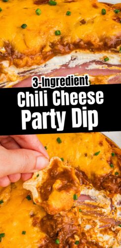 Baked Hormel chili cheese dip with cream cheese and a chip scooping layers. Text reads "3-Ingredient Chili Cheese Party Dip."