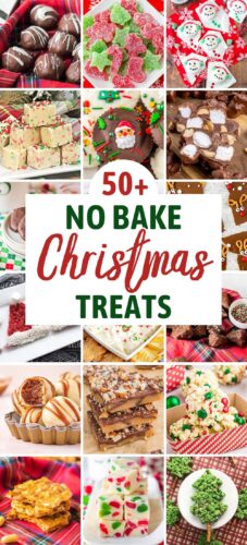A holiday-themed collage with the text '50+ No Bake Christmas Treats,' surrounded by images of easy-to-make Christmas desserts such as homemade candy, gumdrops, brittle, truffles, and other festive no-bake treats.