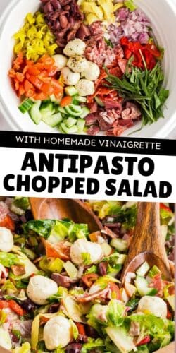 Collage pin showing antipasto chopped salad in a bowl and chopped ingredients including cheese balls, Italian meats, onions, cucumbers, and fresh herbs.