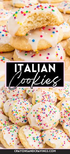 A stack of Italian cookies topped with white glaze and colorful rainbow sprinkles, with one cookie bitten to show its soft interior. Below, a black banner with pink borders reads "Italian Cookies," surrounded by a spread of additional cookies with sprinkles.