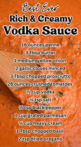 Best Ever Rich and Creamy Vodka Sauce pin with ingredients listed.