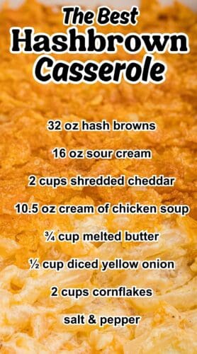 Collage pin with a close-up image of a crispy, golden hashbrown casserole surface. Text over the image lists the recipe ingredients: "The Best Hashbrown Casserole &ndash; 32 oz hash browns, 16 oz sour cream, 2 cups shredded cheddar, 10.5 oz cream of chicken soup, &frac34; cup melted butter, &frac12; cup diced yellow onion, 2 cups cornflakes, salt & pepper."