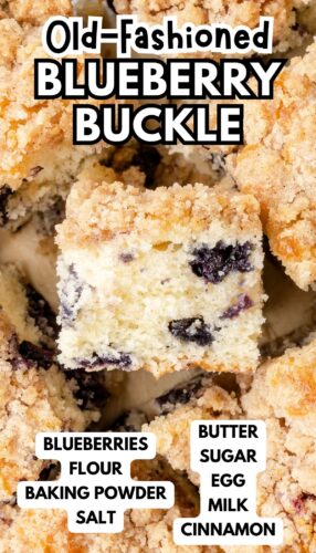 Old-Fashioned Blueberry Buckle Coffee Cake Pin with ingredients listed.