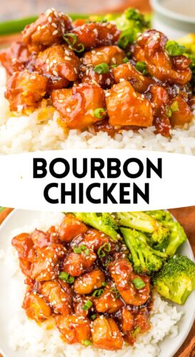 A collage pin with two images of food court bourbon chicken over rice, separated by bold text reading "Bourbon Chicken."