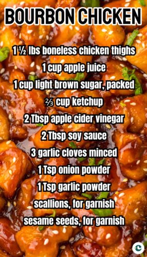 A recipe graphic for bourbon chicken. The background is a close-up of glossy, glazed chicken pieces garnished with sesame seeds and green onions. Overlaid in bold text is an ingredient list that includes: 1&frac12; lbs boneless chicken thighs, 1 cup apple juice, 1 cup light brown sugar (packed), ⅔ cup ketchup, 2 Tbsp apple cider vinegar, 2 Tbsp soy sauce, 3 minced garlic cloves, 1 tsp onion powder, 1 tsp garlic powder, scallions for garnish, and sesame seeds for garnish.