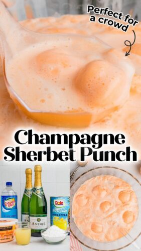 Champagne Sherbet Punch collage pin with punch in bowl and ingredients shown.