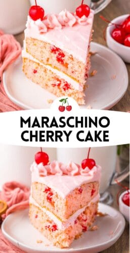 Collage pin with two cherry cake slices and text &ldquo;Maraschino Cherry Cake.&rdquo;