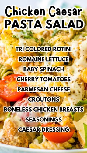 Chicken Caesar Pasta Salad pin with ingredients listed.