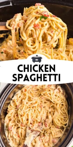 Collage pin showing creamy chicken spaghetti being lifted from a slow cooker and served on a plate. Large centered text reads &ldquo;CHICKEN SPAGHETTI,&rdquo; with a small crockpot icon above.