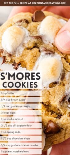 a close-up of a s&rsquo;mores cookie held between fingers, featuring toasted marshmallows and chocolate chips. A semi-transparent overlay lists the recipe ingredients, including butter, sugars, flour, chocolate chips, and marshmallows.
