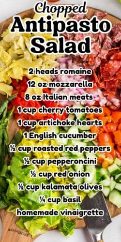Chopped antipasto ingredients on cutting board with overlaid text listing ingredients: romaine, mozzarella, Italian meats, tomatoes, artichokes, cucumber, red peppers, pepperoncini, red onion, olives, basil, and vinaigrette.