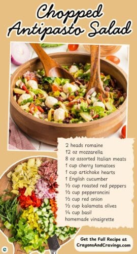Collage pin with chopped antipasto salad and listed ingredients. Text reads &ldquo;Chopped Antipasto Salad.&rdquo;
