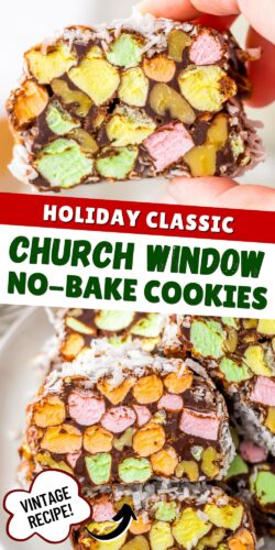 Holiday Classic: Church Window No-Bake Cookies. Vibrant marshmallows and nuts in a chocolate and coconut coating.