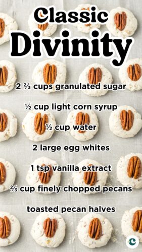 Pinterest graphic listing ingredients for classic divinity candy recipe, including granulated sugar, light corn syrup, water, egg whites, vanilla extract, and pecans, with a backdrop of old-fashioned pecan-topped divinity cookies on parchment paper.