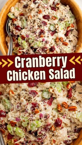 Collage featuring chicken cranberry salad with pecans in a serving bowl and close-up shot, with text overlay: Cranberry chicken salad.