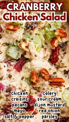 Close up image of cranberry chicken salad with pecans with "cranberry chicken salad" text overlay and recipe ingredients listed.