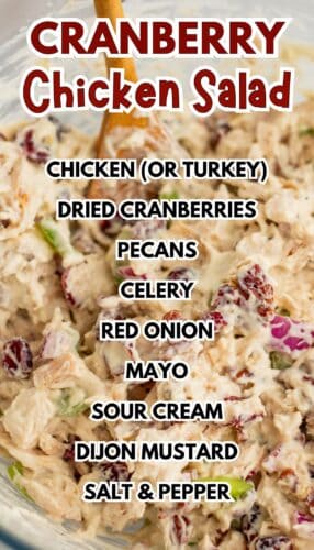 Cranberry chicken salad recipe ingredients text overlay over image of the chicken salad in a mixing bowl.