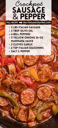 Sausage and peppers in sauce inside a slow cooker. A text overlay lists the full recipe ingredients. Header reads &ldquo;Crockpot Sausage & Pepper.&rdquo;