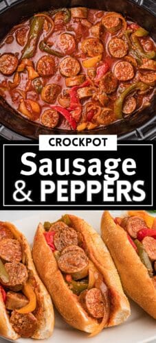 Collage pin showing crockpot sausage and peppers and three sausage sandwiches. Text reads &ldquo;Crockpot Sausage & Peppers.&rdquo;