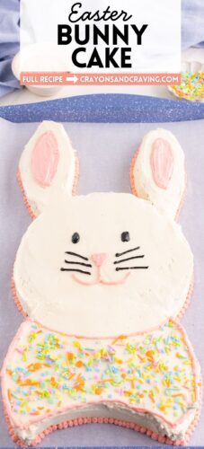 Bunny shaped cake with text &ldquo;Easter Bunny Cake.&rdquo;