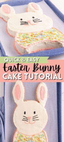 Collage pin featuring a frosted bunny-shaped cake with pink ear details, pastel sprinkles, and a bow tie. Text overlays read &ldquo;Quick & Easy Easter Bunny Cake Tutorial.&rdquo;