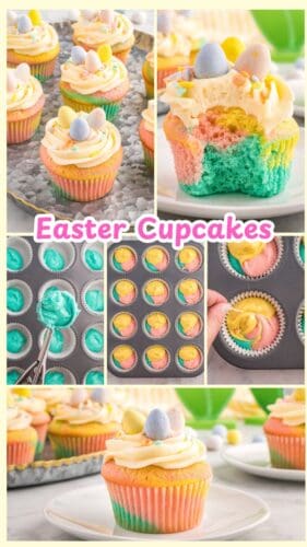 A collage of images showing batter being scooped, swirled, and baked into pastel cupcakes topped with buttercream and mini eggs. A pink and white text overlay reads "Easter Cupcakes."