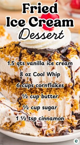 Close-up of fried ice cream dessert topped with chocolate syrup, whipped cream, and a cherry. Overlaid text lists ingredients: &ldquo;1.5 qts vanilla ice cream, 8 oz Cool Whip, 6 cups cornflakes, &frac12; cup butter, &frac12; cup sugar, 1&frac12; tsp cinnamon.&rdquo;