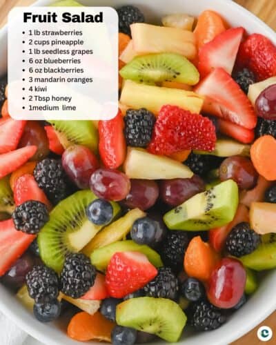 Fruit salad bowl with white ingredient list box in upper left.