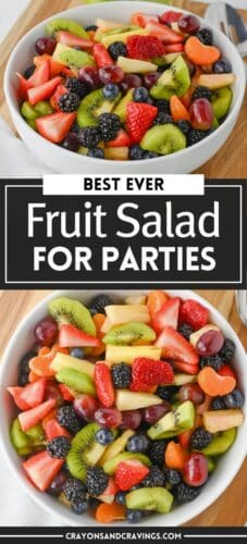 Collage pin featuring vibrant fruit salad in two white bowls filled with strawberries, kiwi, pineapple, grapes, blueberries, and blackberries. Text in bold reads &ldquo;Best Ever Fruit Salad for Parties.&rdquo;