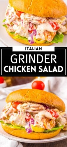 An Italian grinder chicken salad sandwich on a bun with text that reads &ldquo;Italian Grinder Chicken Salad.&rdquo;