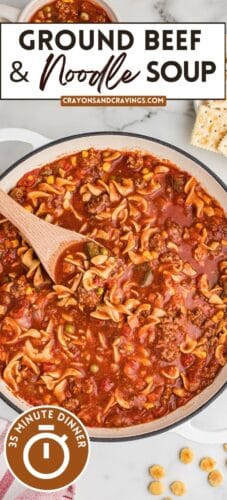 Pin with pot of beef soup and wooden spoon. Text reads "Ground Beef & Noodle Soup &ndash; 35 Minute Dinner."