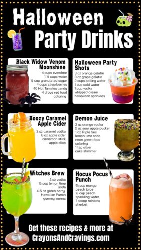 Image titled &ldquo;Halloween Party Drinks&rdquo; with six drink recipes: Black Widow Venom Moonshine, Halloween Party Shots, Boozy Caramel Apple Cider, Demon Juice, Witches Brew, and Hocus Pocus Punch. Each recipe includes ingredients and is paired with a drink photo. Website listed as CrayonsAndCravings.com.