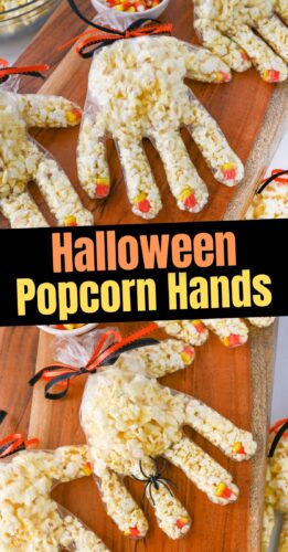 Halloween popcorn hands made with popcorn and candy corn fingernails in plastic gloves.