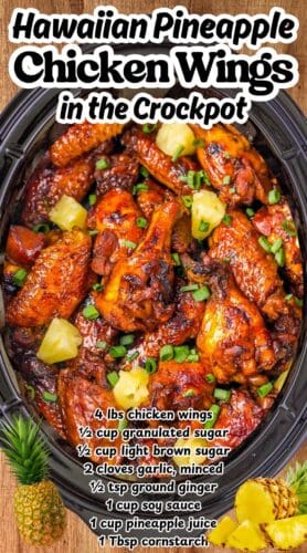Collage pin with overhead image of crockpot Hawaiian chicken wings and green onions, topped with pineapple chunks. Bold title reads &ldquo;Hawaiian Pineapple Chicken Wings in the Crockpot.&rdquo; Ingredients are listed in white text at the bottom of the image.