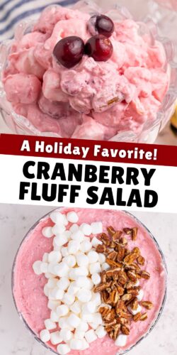 Cranberry fluff salad with marshmallows and pecans. Text overlay on the image says: 'A Holiday Favorite! Cranberry Fluff Salad.