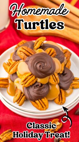 Pinterest-style image showcasing homemade pecan turtle candy with text overlay 'Classic Holiday Treat!'