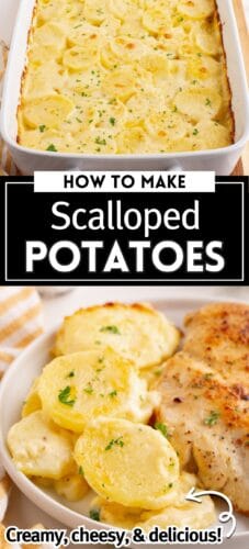 Homemade scalloped potatoes in a baking dish and plated serving with chicken. Text overlay reads &ldquo;How to Make Scalloped Potatoes&rdquo; and &ldquo;Creamy, cheesy, & delicious!&rdquo; with an arrow pointing to the potatoes on the plate.