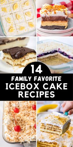 A collage displaying six icebox cakes with various layers, toppings, and flavors, including chocolate, lemon, blueberry, and toasted coconut with cherries. Bold text at the bottom reads, "14 Family Favorite Icebox Cake Recipes."