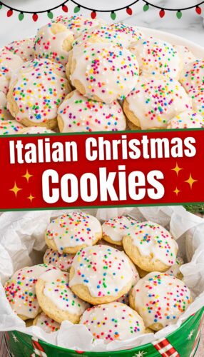 A plate and tin filled with Italian Christmas cookies. The cookies are soft, round, covered with a white glaze, and topped with colorful rainbow sprinkles. A festive red banner in the middle reads "Italian Christmas Cookies" with gold sparkles, and decorative Christmas lights adorn the top border.