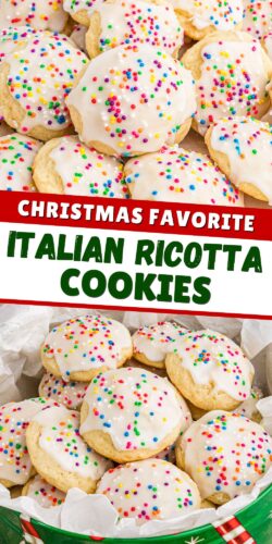 Close-up of Italian Ricotta Cookies with a white glaze and colorful rainbow sprinkles. A red and green banner in the middle reads "Christmas Favorite Italian Ricotta Cookies." The bottom of the image shows a green holiday-themed tin filled with more cookies lined with white parchment paper.