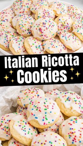 A plate and cookie tin filled with Italian Ricotta Cookies. The cookies are soft, round, and coated in a white glaze, topped with colorful rainbow sprinkles. A bold text overlay in the middle reads, "Italian Ricotta Cookies" with sparkly star graphics for decoration.