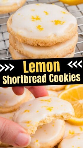 A pin image with stacked lemon cookies on a wire rack at the top and a bitten cookie being held at the bottom.