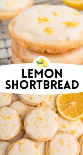 A pin image with stacked lemon shortbread cookies on a wire rack at the top and a plate of cookies with lemon slices at the bottom.