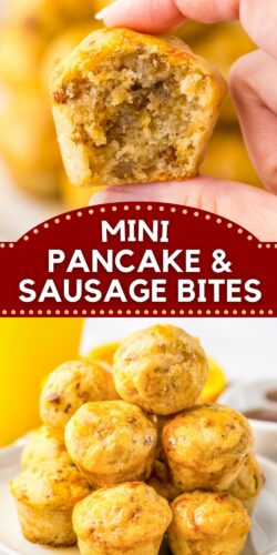 A Pinterest collage featuring a bite-sized sausage pancake muffin and a stacked muffin plate, with text reading "Mini Pancake & Sausage Bites."