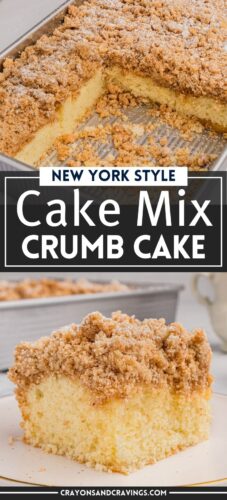 Pin, reads: New York Style Cake Mix Crumb Cake.