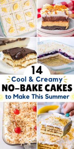 A collage highlighting 6 icebox cake recipes with different creamy layers and toppings, such as lemon slices, cherries, toasted coconut, and chocolate ganache. Text in the center reads, "14 Cool & Creamy No-Bake Cakes to Make This Summer," decorated with sun icons and playful yellow accents.