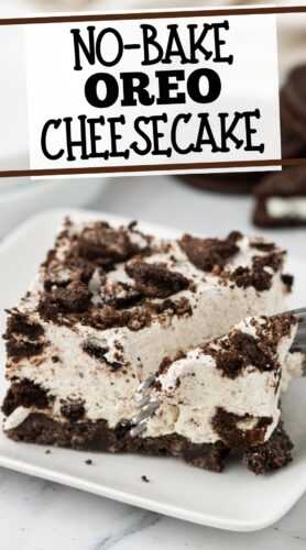 A close-up of a slice of no-bake Oreo cheesecake bar on a white plate, with creamy layers and crushed Oreo topping. A fork cuts into the dessert, revealing the soft texture. Text at the top reads, "No-Bake Oreo Cheesecake.