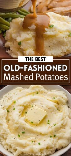 Pin with images of mashed potatoes and gravy, labeled &ldquo;The Best Old-Fashioned Mashed Potatoes.&rdquo;